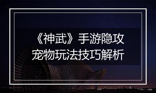 《神武》手游隐攻宠物玩法技巧解析